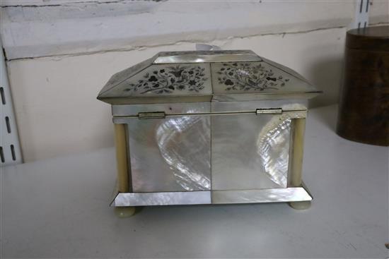 A Regency engraved and inlaid mother of pearl sarcophagus tea caddy, 6.5in.